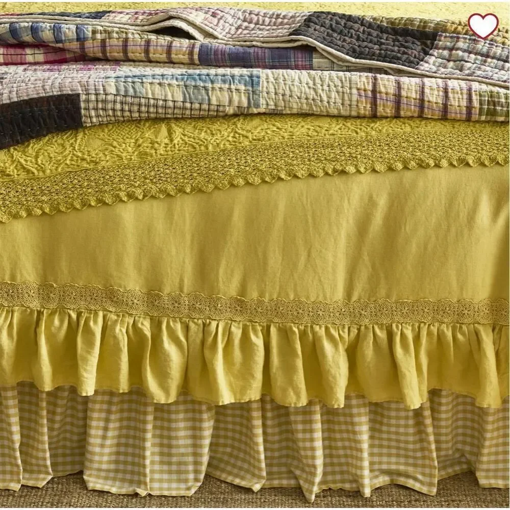 Pottery Barn Green Row Linen Ruffle Crochet Duvet Cover & Sham Twin Marigold